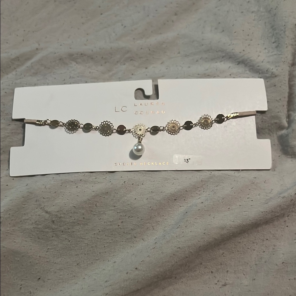 LC Lauren Conrad Gold Floral Necklace with Pearl Charm